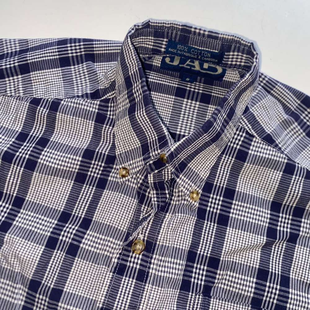 JAB Mens Navy Blue White Plaid Short Sleeve Button Down Cotton Shirt Size S